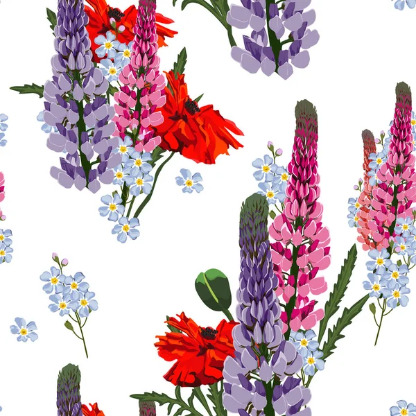 夏春野红花 红罂粟和蓝色忘我不花 白色背景 无缝的花卉图案 纺织图案 — 图库矢量图片