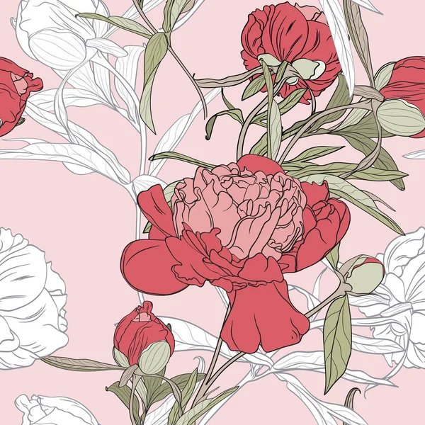 Vector Mão Desenhada Esboço Ilustração Rosa Flores Peônias Brancas Folhas —  Vetores de Stock