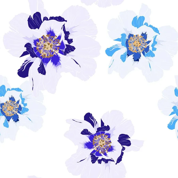 Wildblume Blaue Linie Pfingstrose Blume Nahtlose Muster Isoliert Auf Weißem — Stockvektor