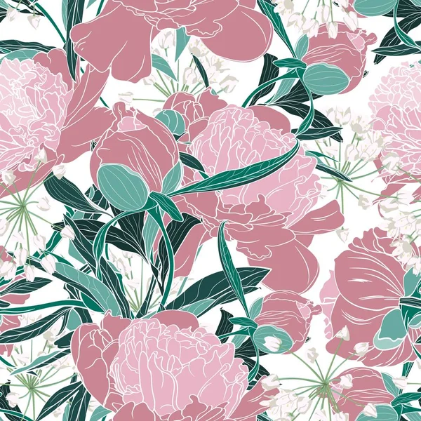 Vektor Handgezeichnete Skizze Illustration Von Rosa Pfingstrose Und Weißen Blumen — Stockvektor