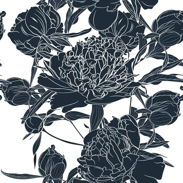 Kreslený Vektorový Nákres Ilustrace Tmavě Modrého Peony Květiny Bezešvé Květinové — Stockový vektor