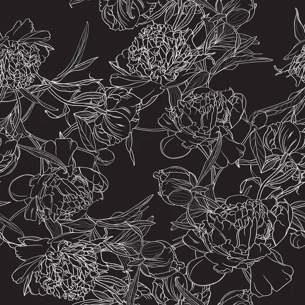 Bezešvé Květinové Vzory Černým Bílým Peony Vektorová Ilustrace — Stockový vektor
