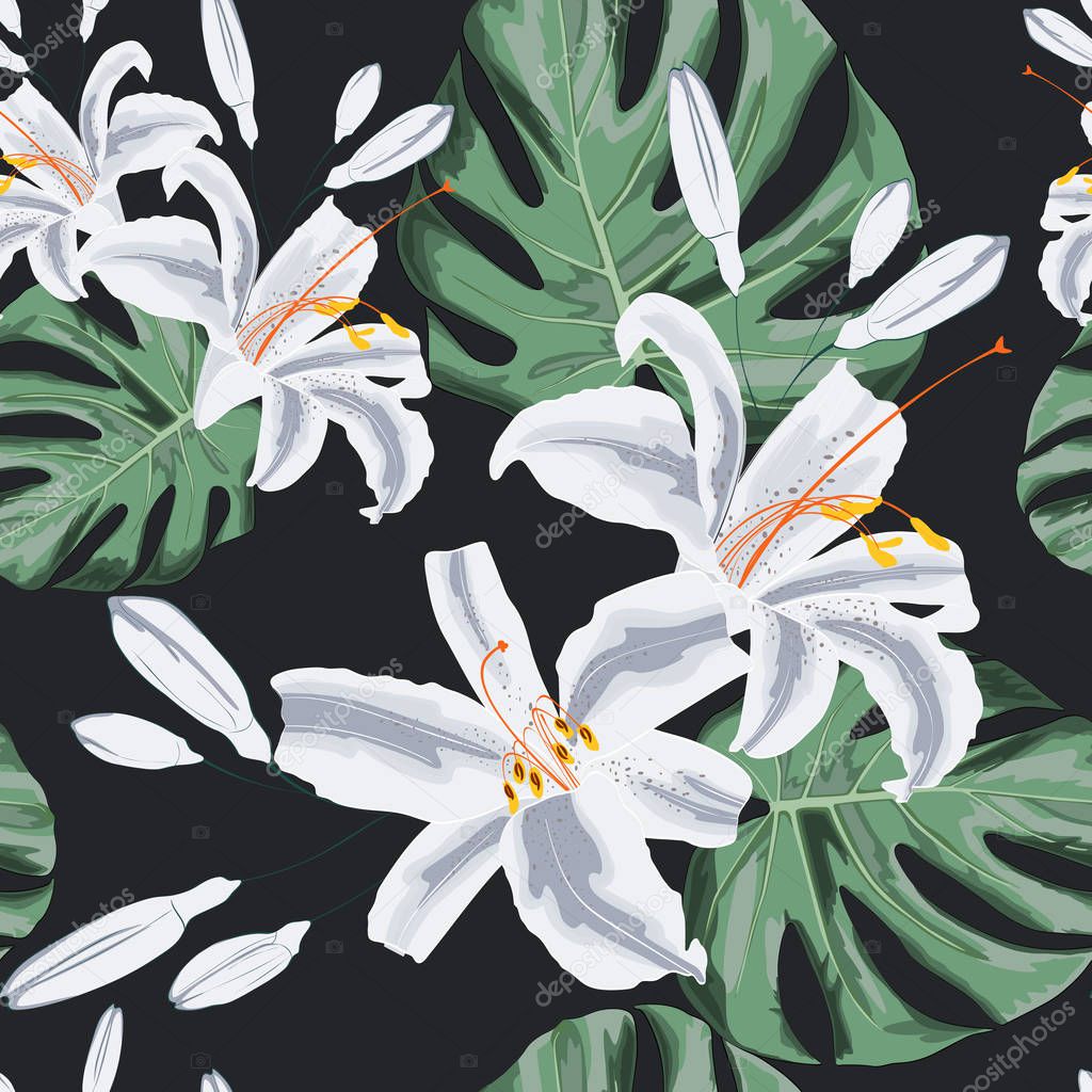 Seamless floral pattern of exotic tropical lilies and monster lives. Isolated on dark black background. Fabric texture. Wallpaper.