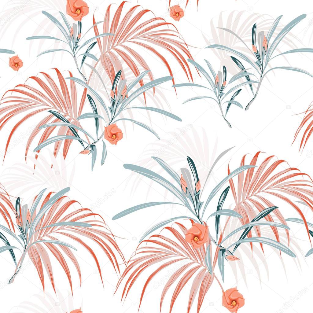 Tropical background with jungle plants. Seamless vector tropical pattern with light palm leaves and tropical orange flowers on white background. 