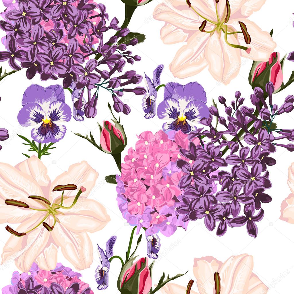 Seamless pattern vector floral watercolor style design: garden powder white pink roses bud, hydrangea, lilies, viola. Rustic romantic background print. Good for wedding invitation, greeting card. 
