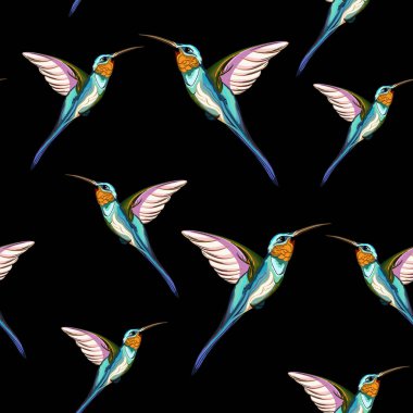Sinek kuşları. Egzotik tropikal sinek kuşunun dikişsiz deseni. Elle çizilmiş illüstrasyon. Siyah arka plan. 