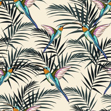 Sinekkuşu ve palmiye yaprakları ile güzel dikişsiz vektör çiçek yaz desen arka plan. Duvar kağıtları, web sayfası arka planlar, yüzey dokuları, tekstil için mükemmel. 