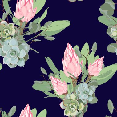 Vektör dikişsiz tropikal desen, canlı tropik yeşillik, sulu, çiçek pembe protea çiçek ve dolar gümüş okaliptüs ile. Modern koyu yaz baskı tasarımı. Vintage mavi arka plan. 