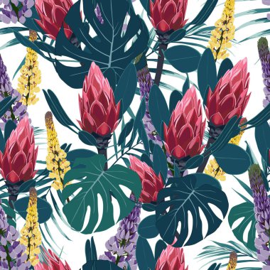 Tropikal yaprakları ve egzotik protea ve lupine çiçekleri ile Dikişsiz desen. Parlak palmiye beyaz arka plan üzerinde yaprakları. Vektör dikişsiz desen. Tropikal illüstrasyon. Orman yaprakları. Vintage renkler. 