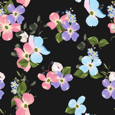 İlkbahar sonbahar mor mavi pembe çiçekler dikişsiz Desen. Düğün davetiyesi, kumaş, duvar kağıdı, baskı için suluboya tarzı çiçek arka plan. Botanik doku. Güzel bir kompozisyon. Siyah arka plan 