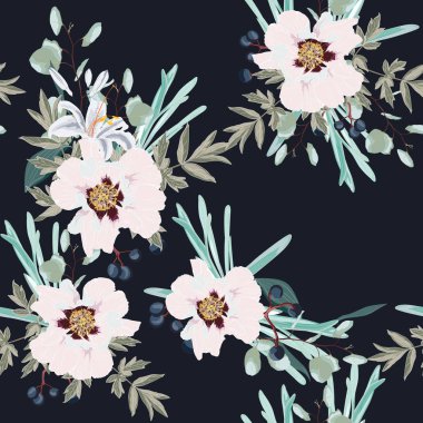 Otlar ve zambaklar dikişsiz desen li Bahar sonbahar pembe şakayık çiçekler. Davet, kumaş, duvar kağıdı, baskı için suluboya tarzı çiçek arka plan. Botanik doku. Siyah arka plan. 