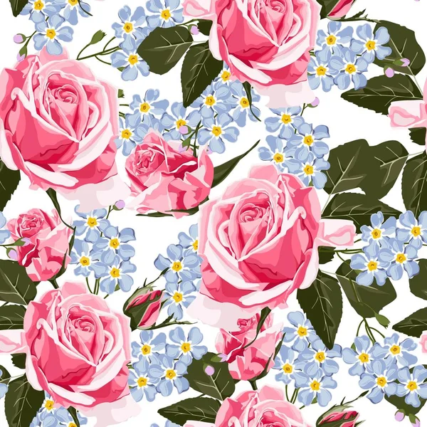 シームレスなパターンベクトル花の水彩スタイルのデザイン ピンクのバラと青の忘れられない花 素朴なロマンチックな背景プリント 結婚式の招待状 グリーティングカードやテキスタイルのために良い — ストックベクタ