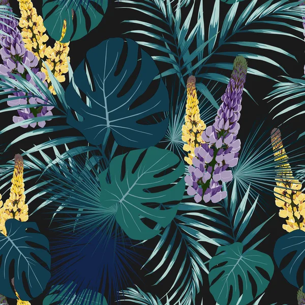 Varratmentes Trópusi Vektor Mintázat Paradicsomos Virágokkal Egzotikus Pálmalevelek Fekete Háttérrel — Stock Vector