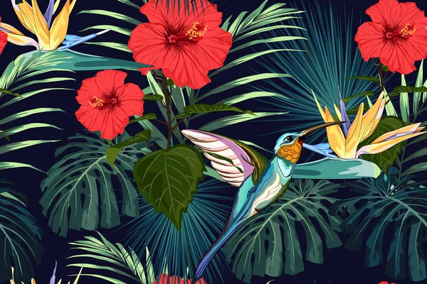 Hermoso Vector Fondo Patrón Verano Floral Sin Costuras Con Colibrí — Archivo Imágenes Vectoriales