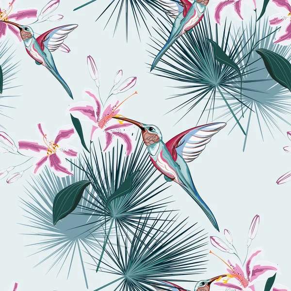 Beau Vecteur Sans Couture Motif Floral Été Fond Avec Colibri — Image vectorielle