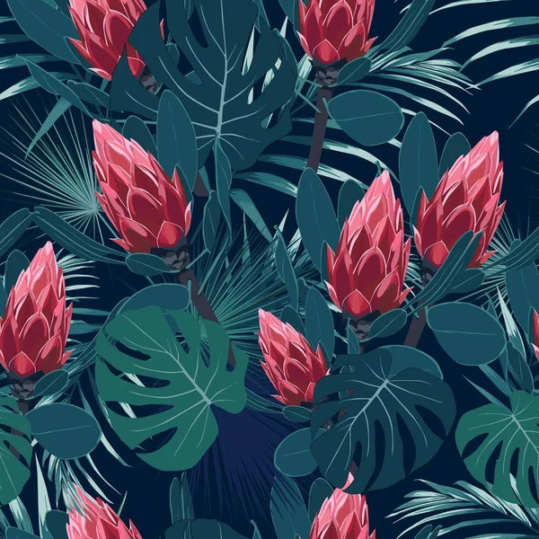 Tropikal Yaprakları Egzotik Protea Çiçekleri Ile Dikişsiz Desen Parlak Palmiye — Stok Vektör