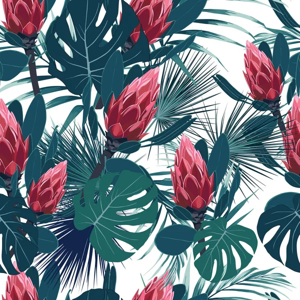 Nahtloses Muster Mit Tropischen Blättern Und Exotischen Protea Blüten Leuchtend — Stockvektor