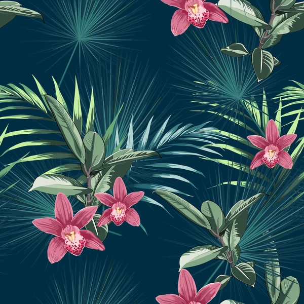 Απρόσκοπτη Τροπική Διακόσμηση Λουλουδιών Φόντο Λουλούδια Από Ορχιδέες Φύλλα Ζούγκλας — Διανυσματικό Αρχείο