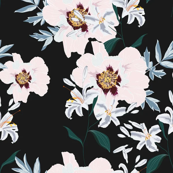 ピンクのピオニーフラワーとユリの花のシームレスなパターン ファブリック プリント 結婚式の装飾 招待状 壁紙のための春の開花 ベクトルイラスト ヴィンテージ黒の背景 — ストックベクタ