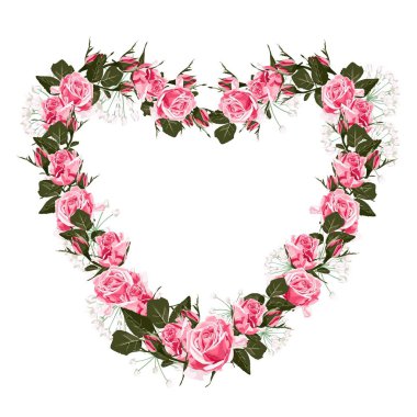 Pembe gül çerçeve vektör illüstrasyon. Renkli çiçek kalp, çizim suluboya tarzı. Sevgililer Günü veya düğün ler için tasarım.