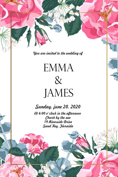 花のエレガントな招待カードゴールドフレームデザイン 庭の花ピンクの犬のバラ 柔らかい緑 結婚式 誕生日や他の休日 ヴィンテージスタイルのための招待状として使用することができます — ストックベクタ