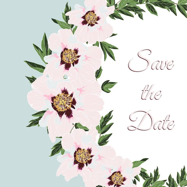 Квітковий Елегантний Дизайн Запрошують Листівки Садові Квіти Рожеве Півонія Листя — стоковий вектор
