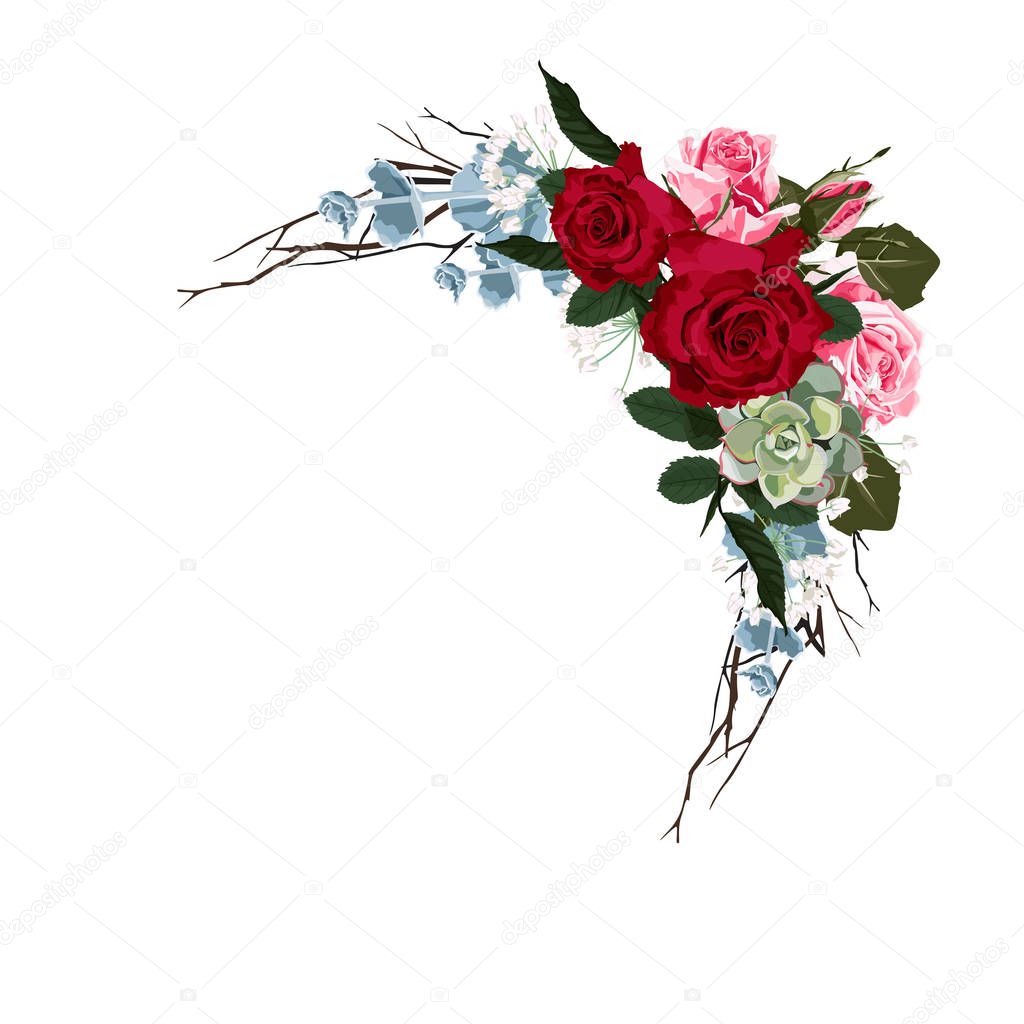 The Blooming Rose with couple of small flowers. Botanical vector illustration. Awesome single flower bouquet. 