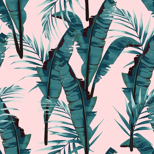 ヤシの葉と植物と熱帯夏の絵画シームレスなベクターパターン ピンクの背景にトレンディな束エキゾチックな壁紙 ヴィンテージ色 — ストックベクタ