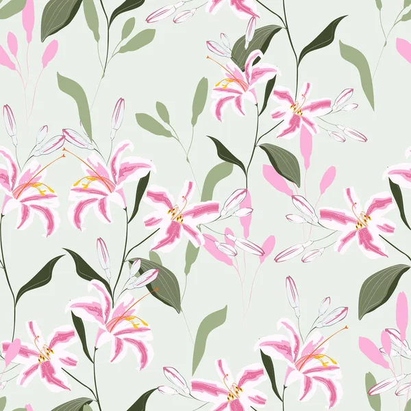 Trendy Bloemmotief Met Roze Lelies Bloemen Lente Zomer Naadloze Patroon — Stockvector