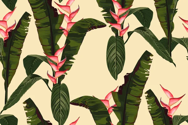 Tropische Sommermalerei Mit Nahtlosem Vektormuster Mit Palmbananasblatt Und Pflanzen Blumen — Stockvektor