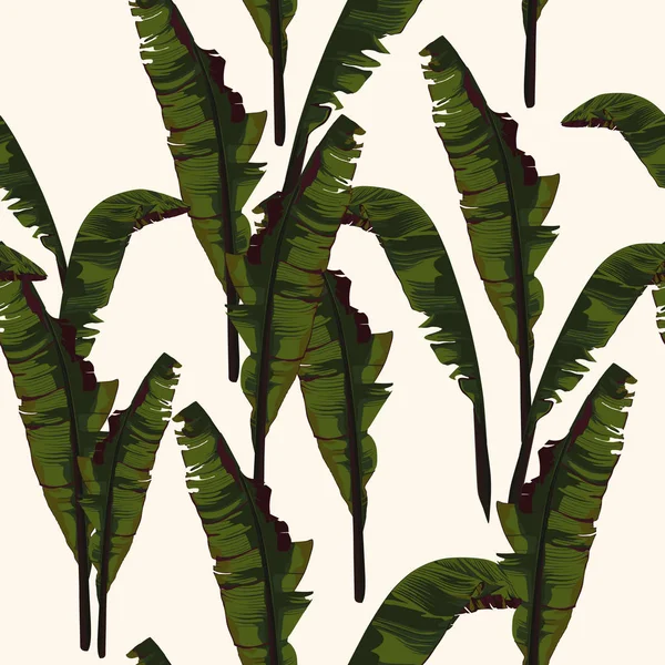 热带夏季绘画无缝矢量模式与棕榈香蕉叶和植物 浅黄色背景上时髦的一束异国情调的壁纸 复古色彩 — 图库矢量图片