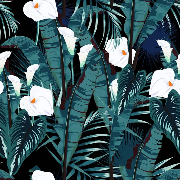 Tropische Sommermalerei Mit Nahtlosem Vektormuster Mit Palmbananasblatt Und Pflanzen Blumen — Stockvektor