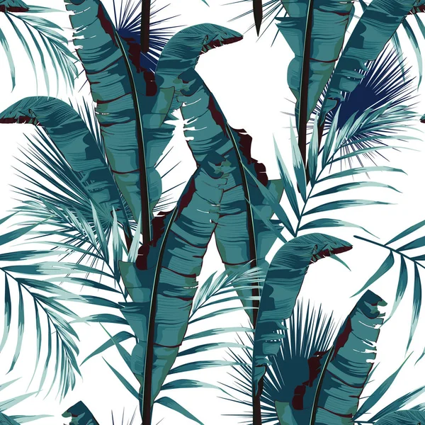 Palm Muz Yaprağı Bitkiler Ile Tropik Yaz Boyama Dikişsiz Vektör — Stok Vektör