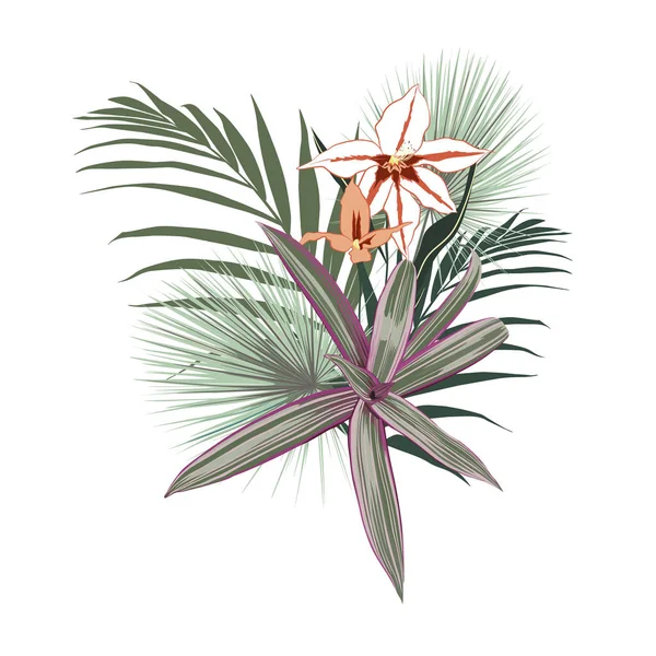 Tropische Bloemen Palm Bladeren Jungle Blad Exotische Plant Orchidee Bloem — Stockvector