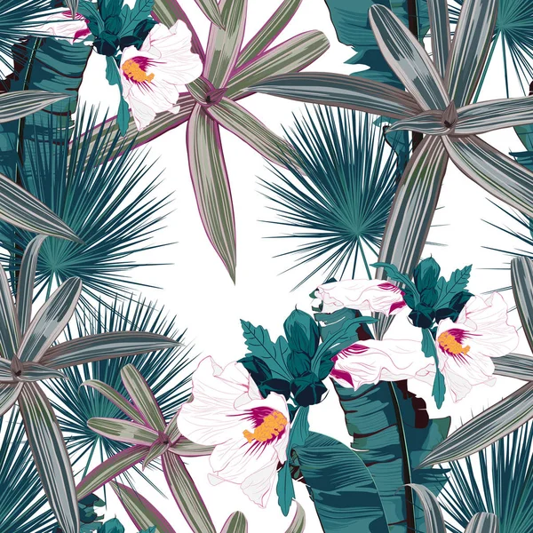 无缝的图案与热带叶子和木薯花 白色背景上深绿色的棕榈叶 矢量无缝模式 热带插图 丛林树叶 — 图库矢量图片