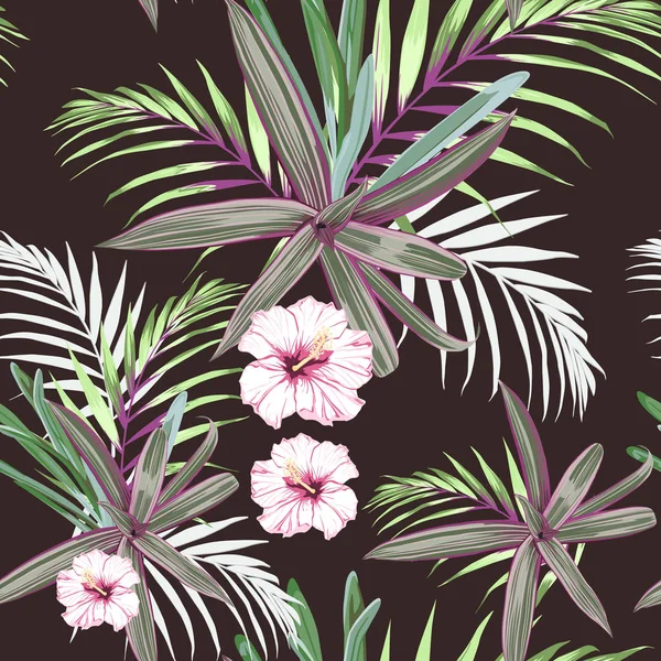 Бесшовный Рисунок Экзотическими Тропическими Пальмами Цветками Гибискуса Розовые Тропические Растения — стоковый вектор