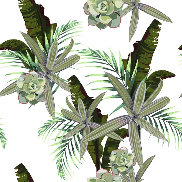 Бесшовный Рисунок Экзотическими Тропическими Растениями Зеленые Фиолетовые Тропические Растения Белом — стоковый вектор