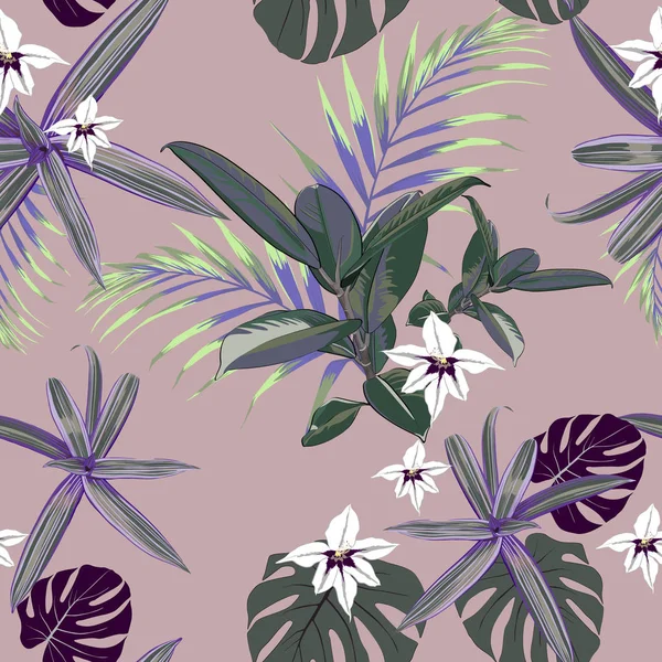 Бесшовный Рисунок Экзотическими Тропическими Пальмами Зеленые Фиолетовые Растения Розовом Фоне — стоковый вектор