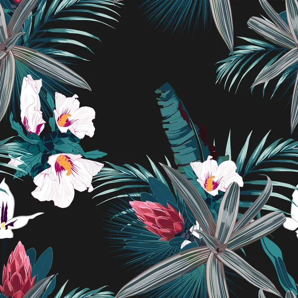 Bezešvé Vzory Exotickými Tropické Rostlinou Protea Hibiscus Orchideje Zelené Tropické — Stockový vektor