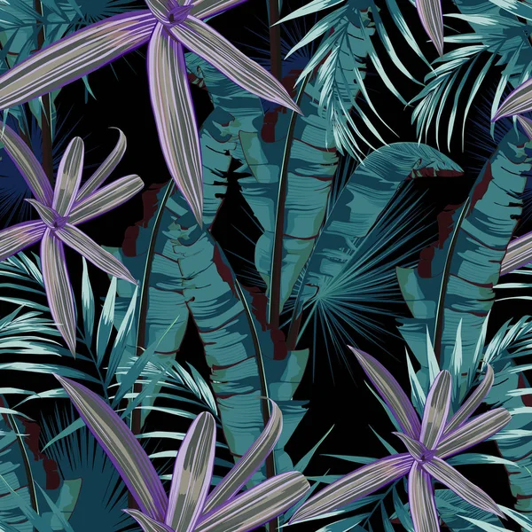 熱帯植物とのシームレスなパターン 黒い背景に暗く 明るいヤシの葉 ベクトルシームレスパターン トロピカルなイラスト ジャングルの葉 — ストックベクタ