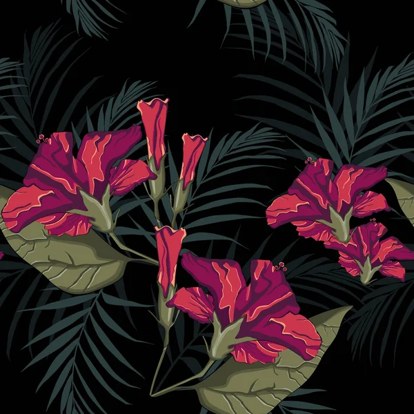 Patrón Hawaiano Verano Sin Costuras Con Flores Hibisco Hojas Palma — Vector de stock