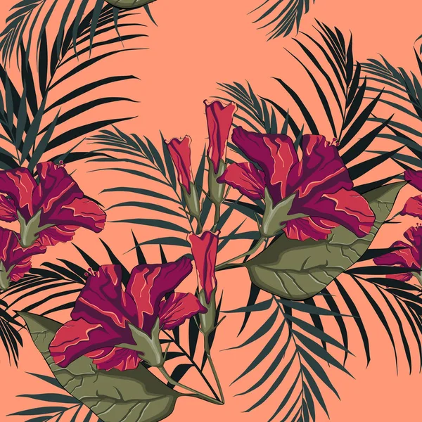 Sommer Hawaiianisches Nahtloses Muster Mit Roten Hibiskusblüten Und Palmblättern Exotische — Stockvektor