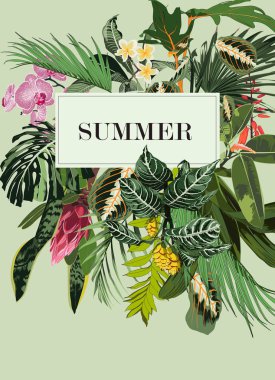 Düğün Davetiyesi, çiçek davet teşekkür ederim, rsvp modern kart Tasarım egzotik çiçekler ve yeşil yaprakları ile tropikal buket. 