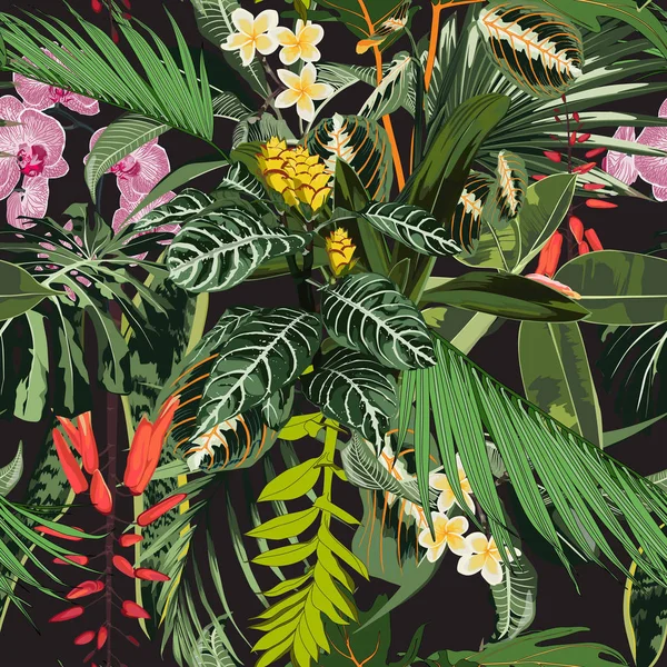 Bezešvé Vzory Tropickými Listy Mnoha Květinami Jasně Zelený Palmový Monstera — Stockový vektor