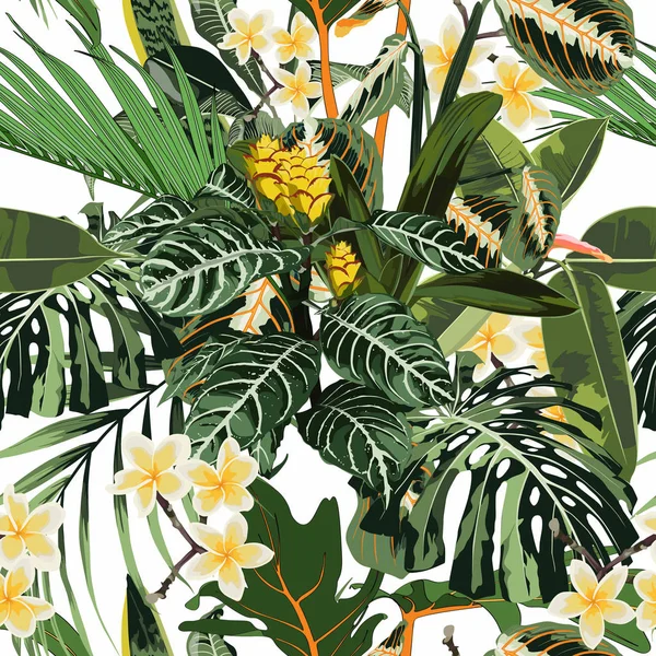 Modèle Sans Couture Avec Des Feuilles Tropicales Nombreux Types Fleurs — Image vectorielle