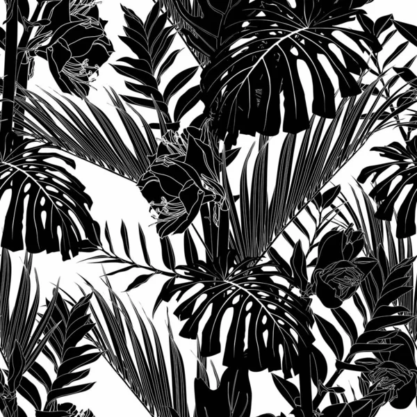 Tropical Exótico Floral Línea Negra Hojas Palma Flores Patrón Sin — Archivo Imágenes Vectoriales