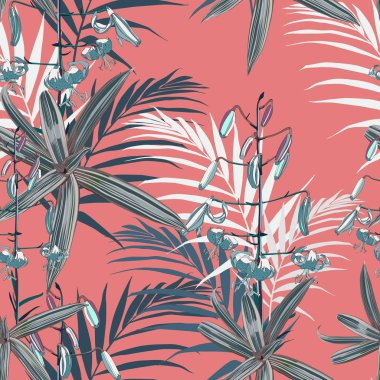 Zambaklar ile tropik yaz boyama dikişsiz vektör deseni