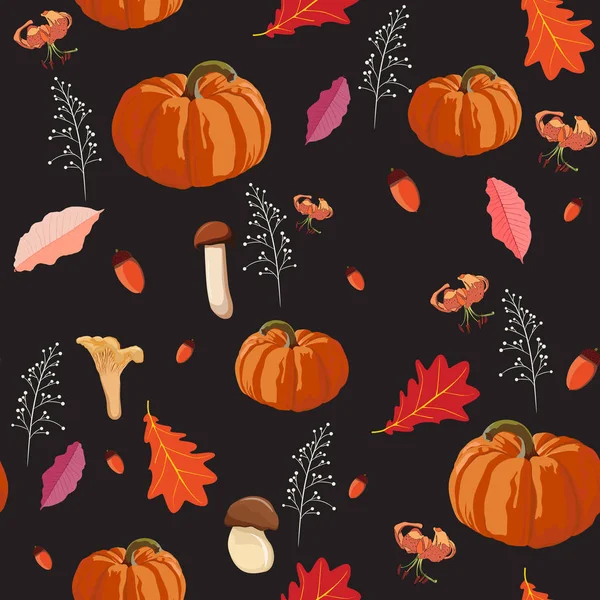 感恩节无缝的背景 蘑菇和南瓜图案 水彩风格矢量秋季插图感谢给天 黑色背景 — 图库矢量图片