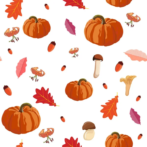 Thanksgiving Seamless Background Leaves Mushrooms Pumpkin Pattern Watercolor Style Vector — Stock Vector