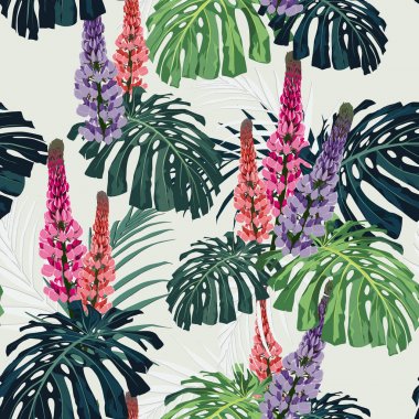 Orman bitkileri ile karanlık ve parlak tropikal yaprakları. Yeşil palmiye ve monstera yaprakları ve lupines çiçekler ile Dikişsiz vektör tropikal desen. Açık arka plan. 
